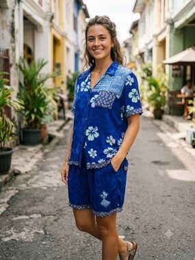 Mirror Image Vintage Hawaiian Shorts Set Blue Rayon M/S